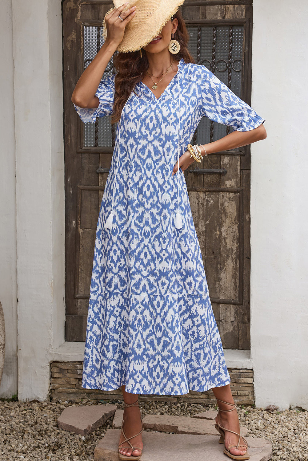 Sky Blue Geometric Print Casual V Neck Maxi Dress - Cowaa