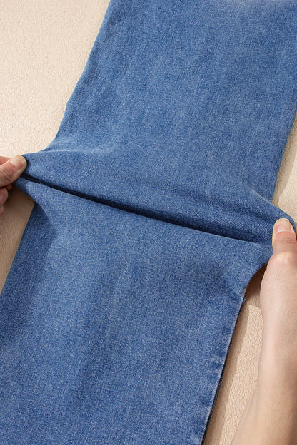 Sky Blue Double Button Zip Fly Straight Leg Jeans - Cowaa