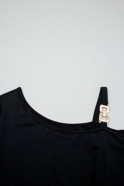 Black Asymmetric Shoulder Detail Short Sleeve Plus Size Maxi Dress