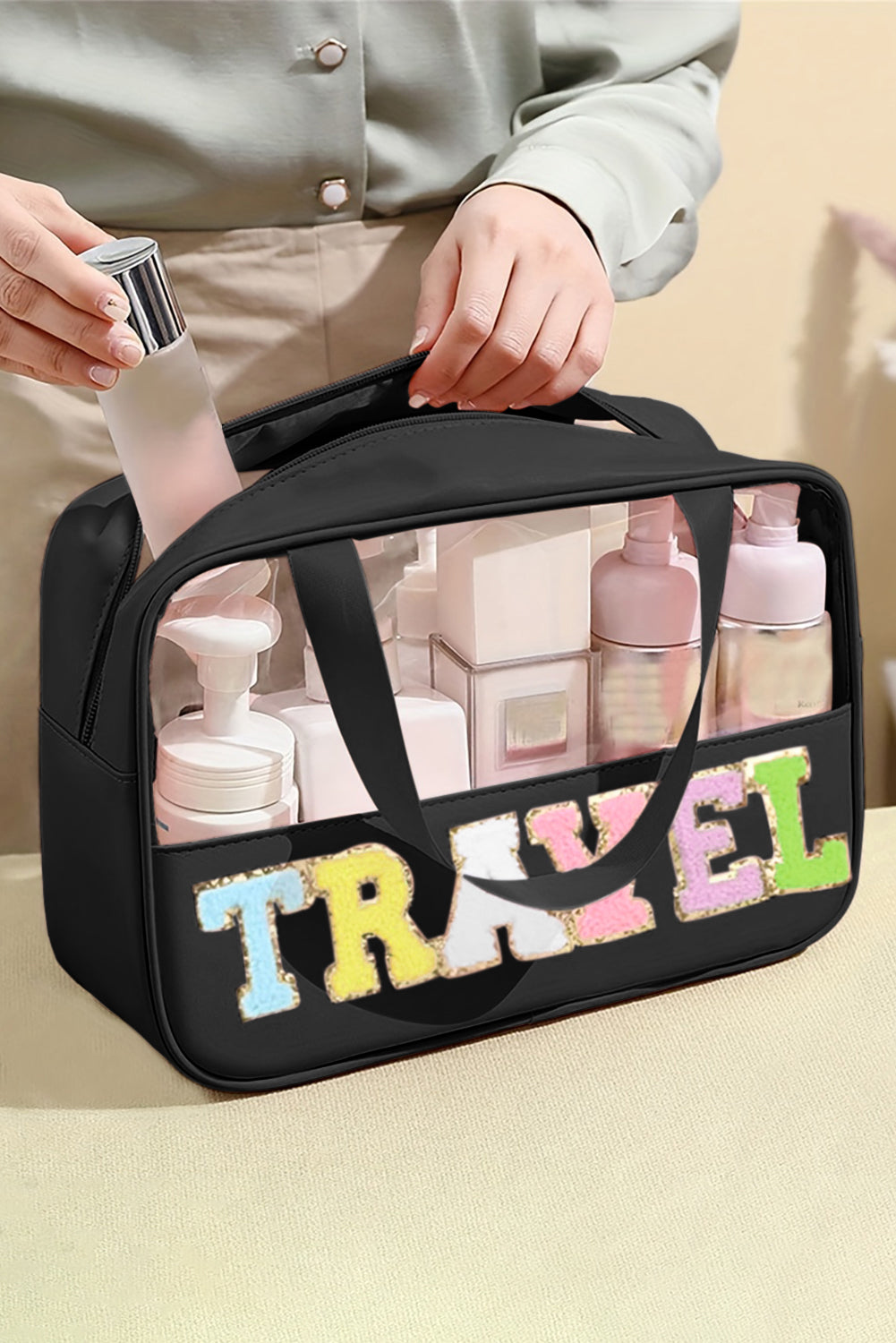 Travel Chenille Letter Clear PVC Makeup Bag - Cowaa