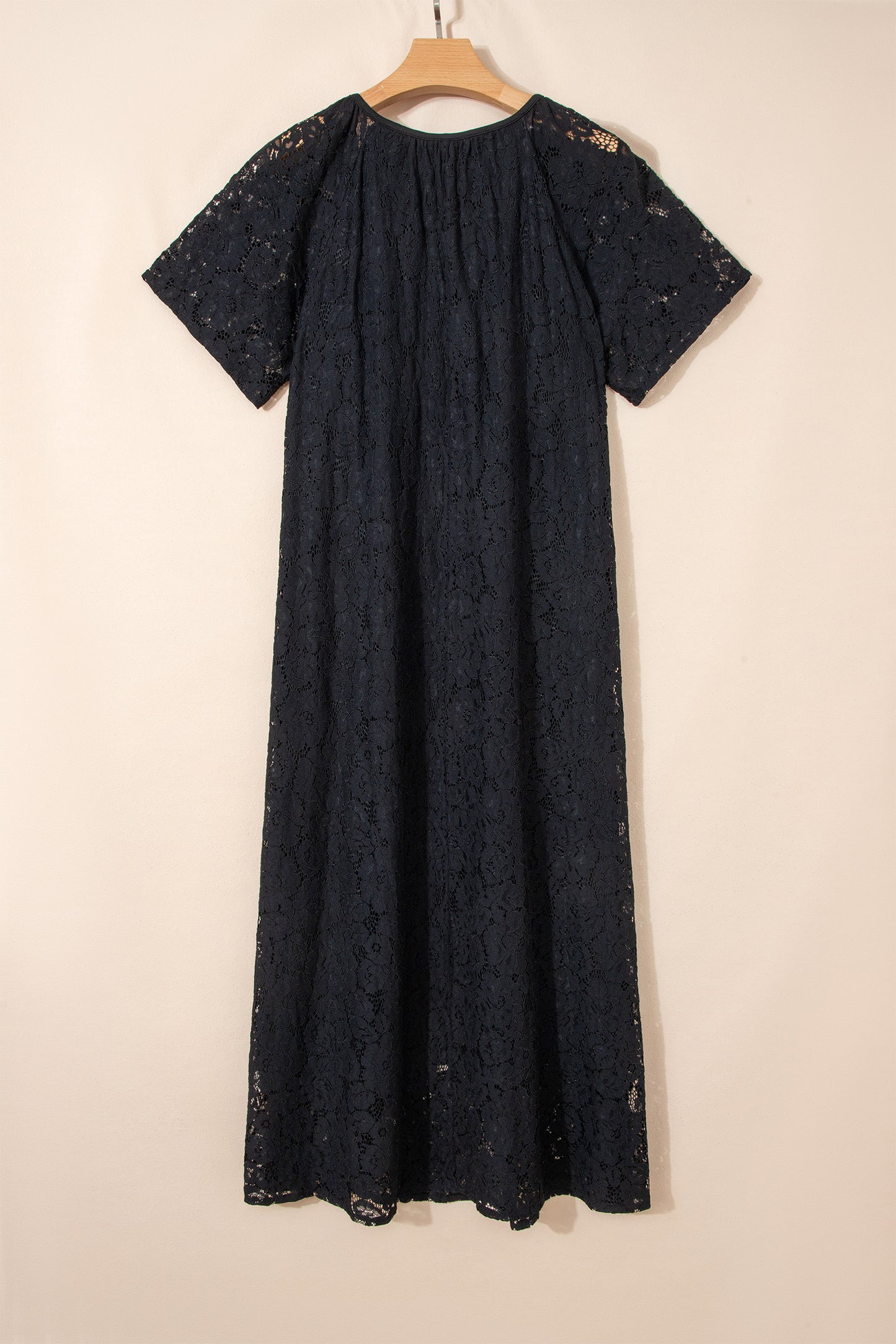 Black Floral Lace Overlay Tassel Tie Short Sleeve Beach Vacation Loose Maxi Dress - Cowaa