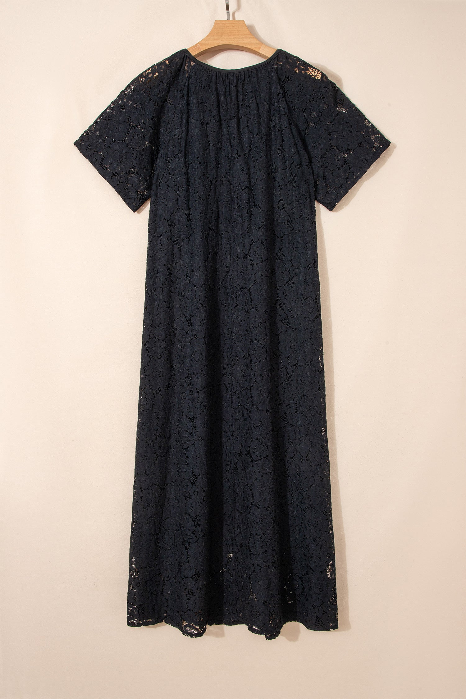 Black Floral Lace Overlay Tassel Tie Short Sleeve Beach Vacation Loose Maxi Dress - Cowaa