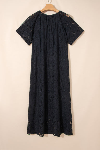 Black Floral Lace Overlay Tassel Tie Short Sleeve Beach Vacation Loose Maxi Dress - Cowaa