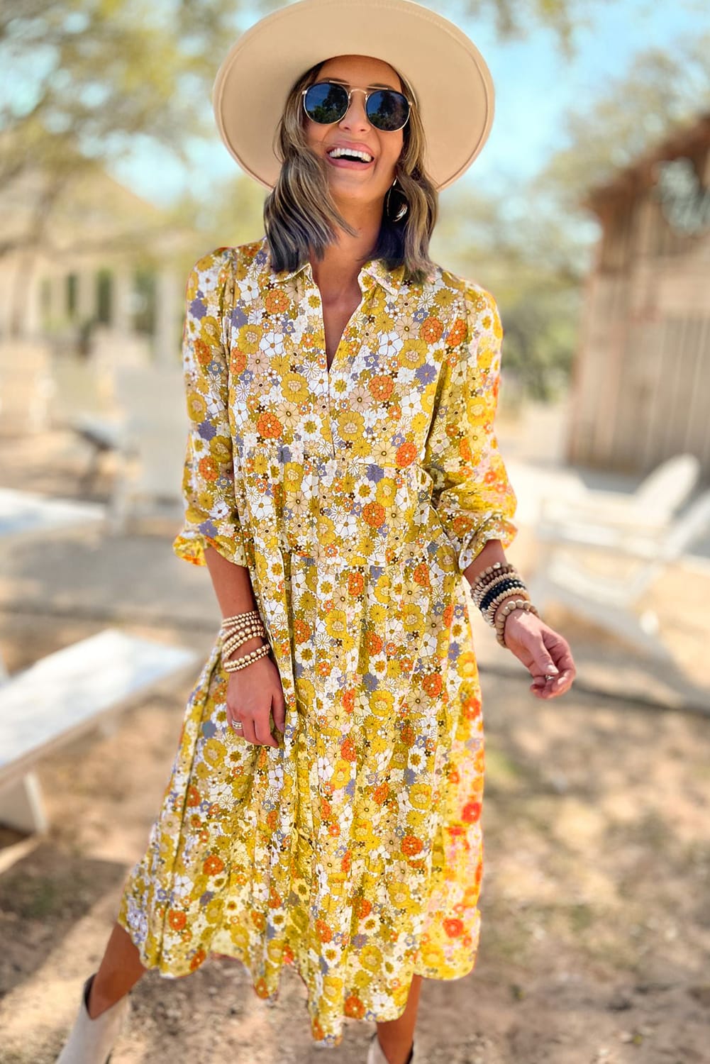 Multicolor Boho Floral Collared Long Sleeve Dress - Cowaa