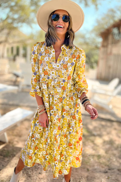 Multicolor Boho Floral Collared Long Sleeve Dress - Cowaa