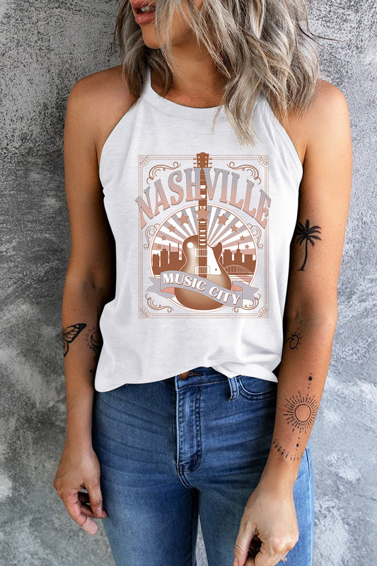 White NASHVILLE MUSIC CITY Guitar Graphic Tank Top - Cowaa