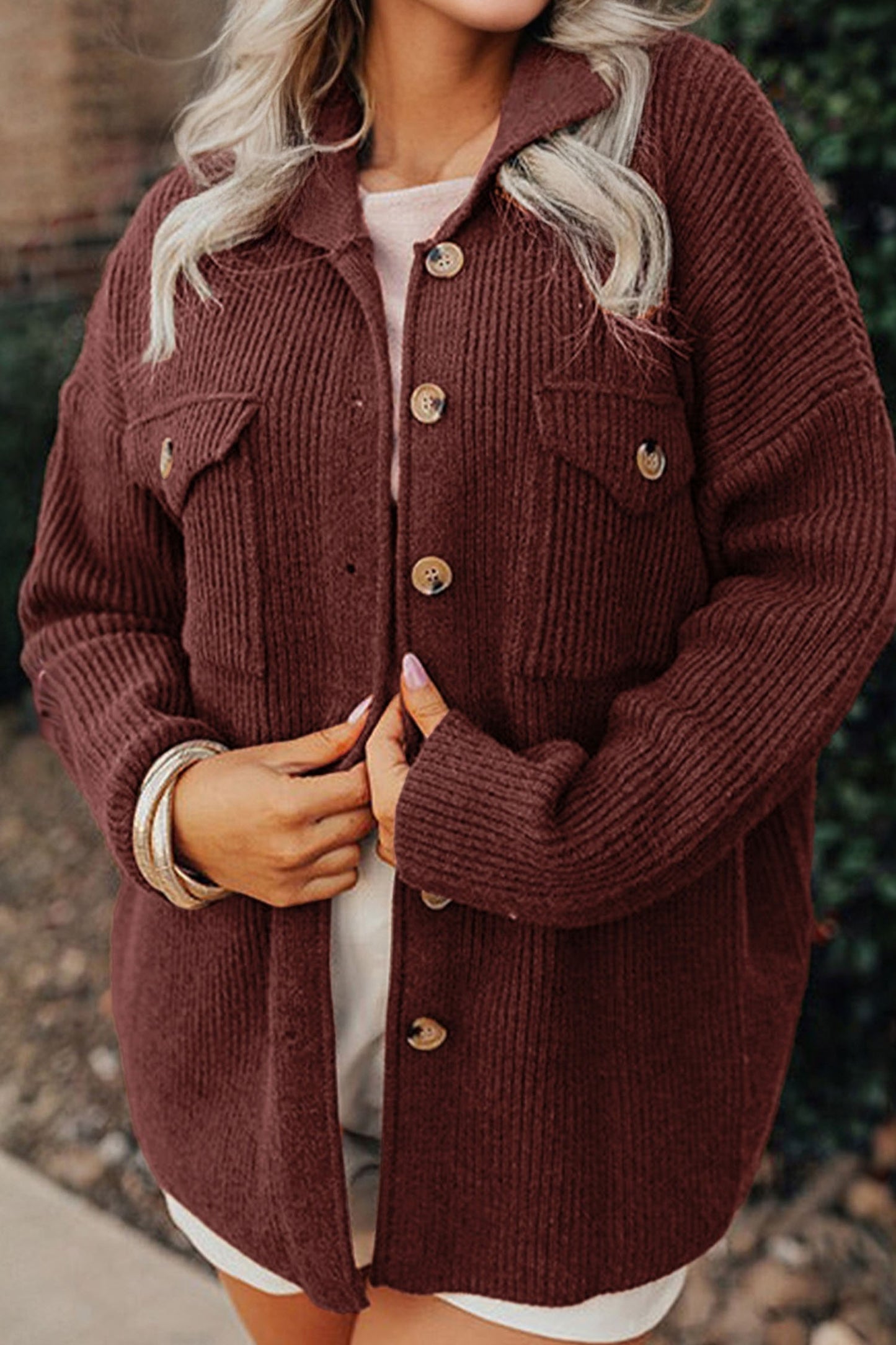 Red Sandalwood Ribbed Knit Buttons Front Flap Pocket Casual Shacket