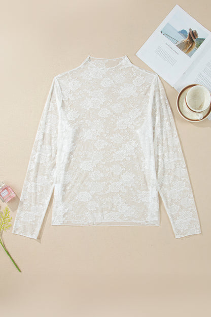 White Plus Size Floral Mesh Long Sleeve Top