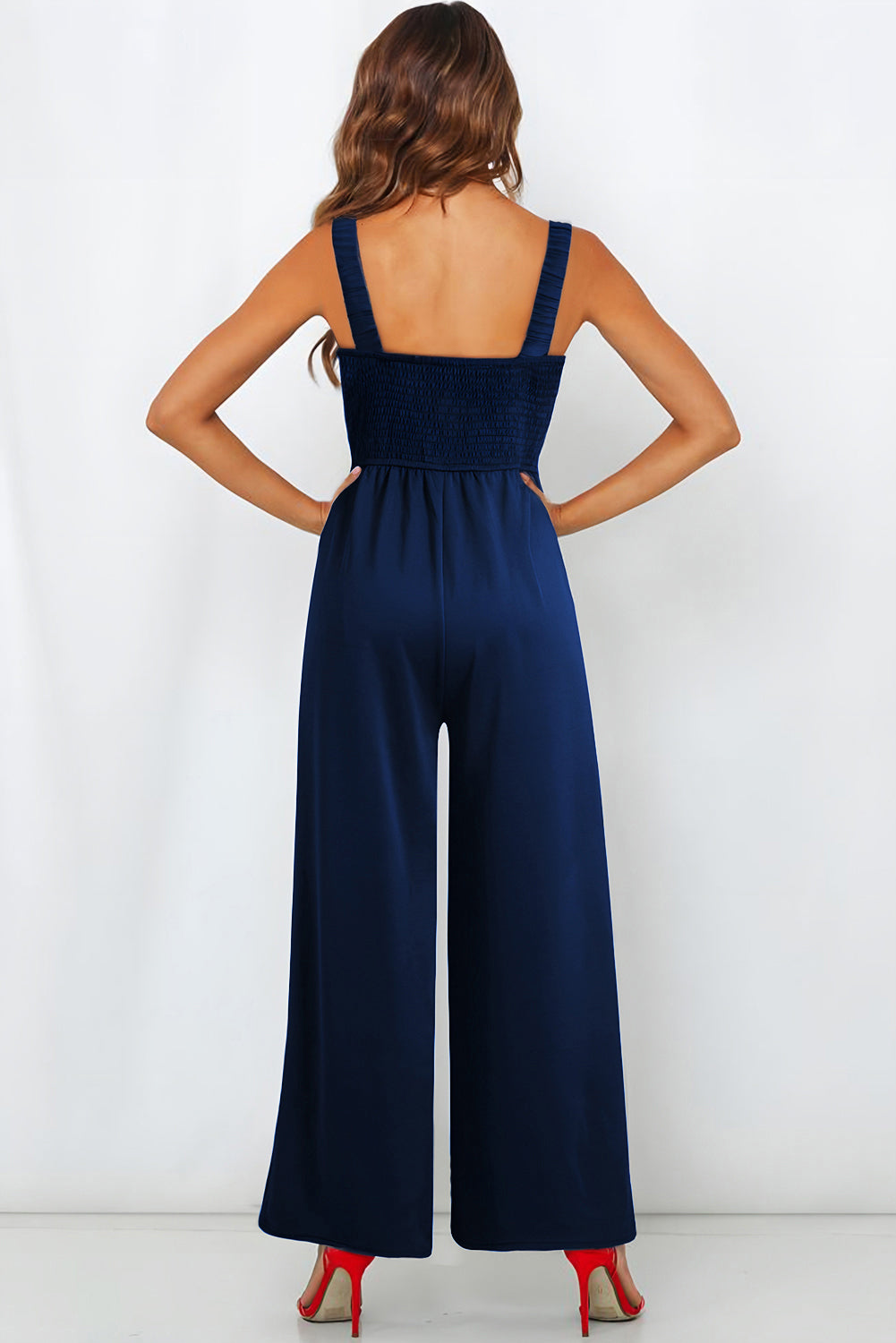 Blue Notched Neck Smocked Back Wide Leg Sleeveless Jumpsuit