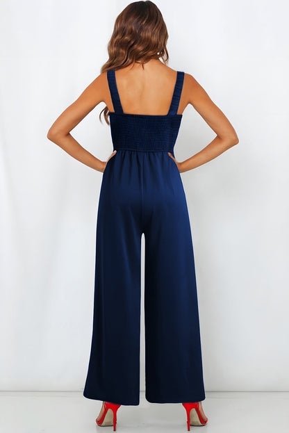 Blue Notched Neck Smocked Back Wide Leg Sleeveless Jumpsuit