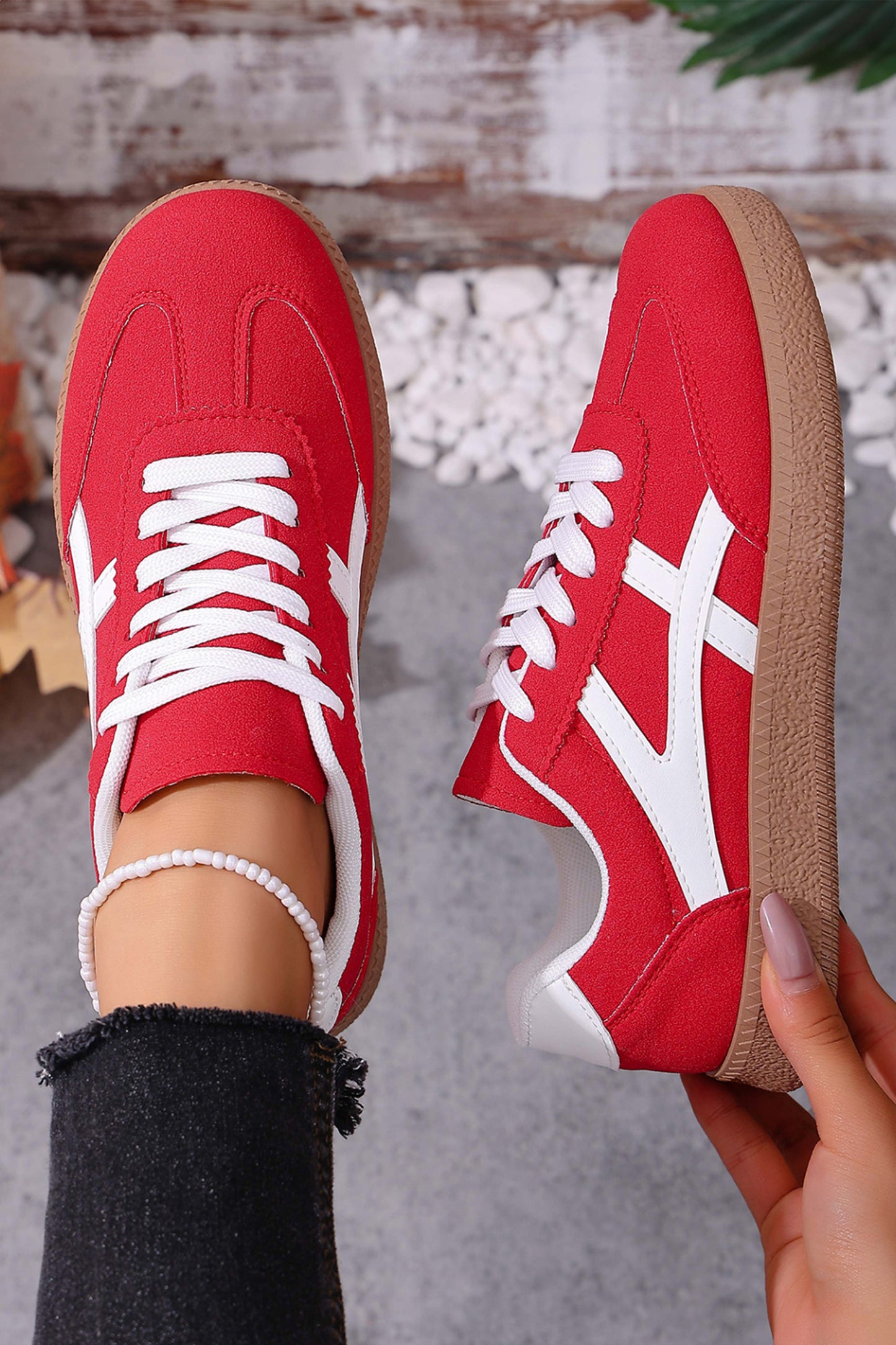 Racing Red Faux Suede Contrast Patchwork Detail Lace Up Flat Sneakers - Cowaa