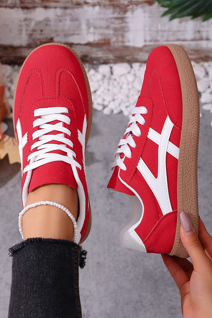 Racing Red Faux Suede Contrast Patchwork Detail Lace Up Flat Sneakers - Cowaa