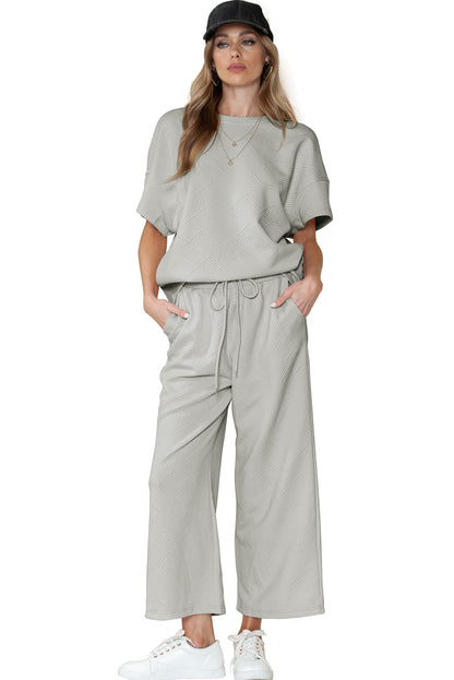 Navy Blue Textured Loose Fit T Shirt and Drawstring Pants Set - Cowaa