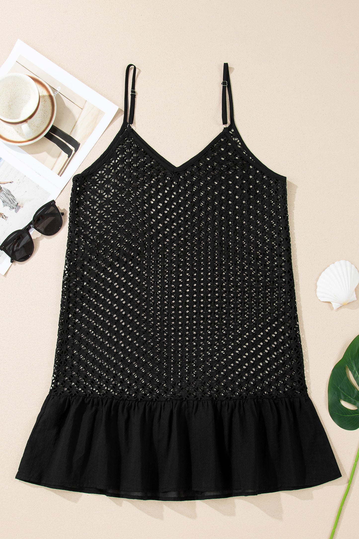 Black See Through Patterned Knit Ruffle Hem Patchwork Beach Cover Up - Cowaa