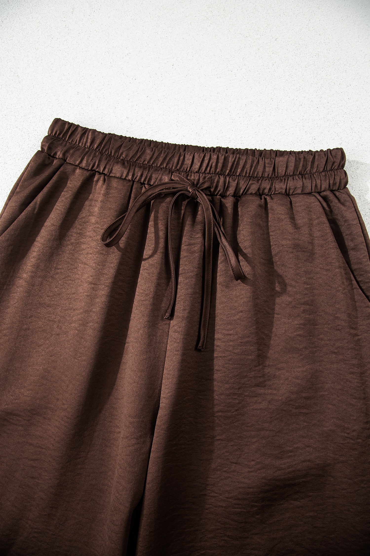 Dark Brown Braided V Neck Long Sleeve Loose Top and Drawstring High Waist Pants 2pcs Outfit - Cowaa