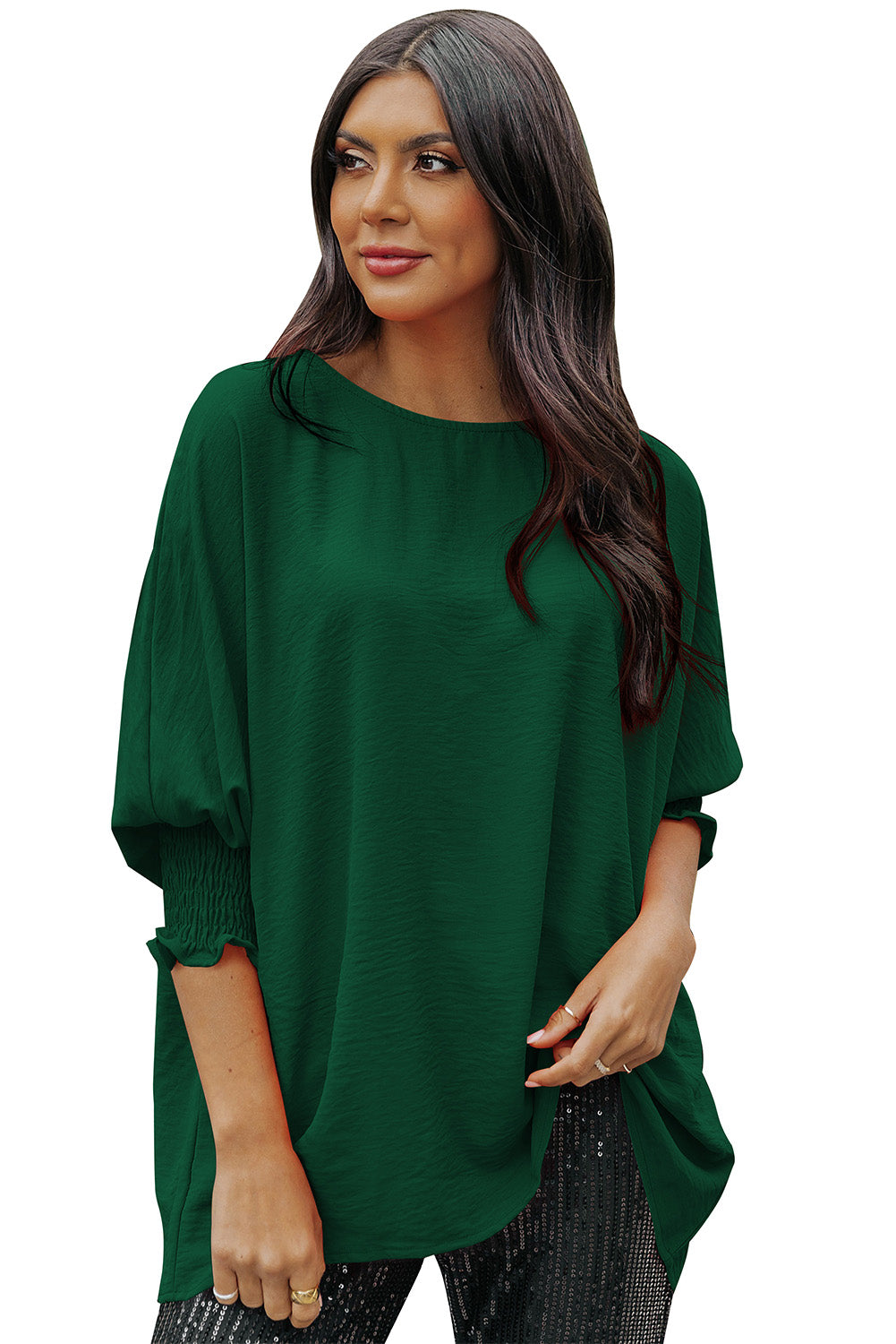 Apricot Solid Casual Smocked Cuffs Batwing Sleeve Blouse - Cowaa