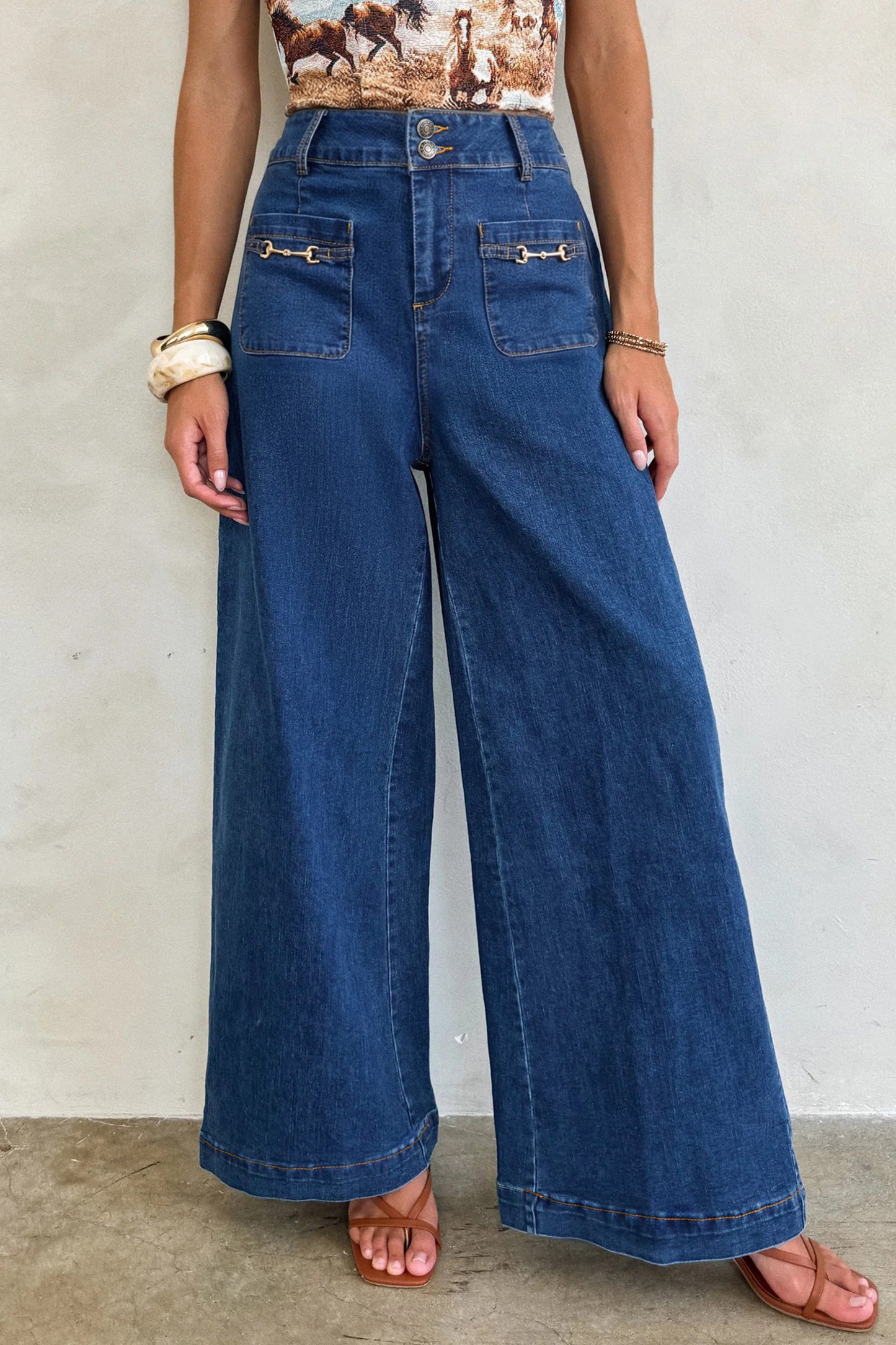 Sail Blue Hardware Decor Patched Pockets Wide Leg Denim Pants.