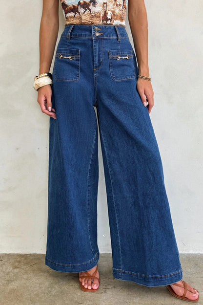 Sail Blue Hardware Decor Patched Pockets Wide Leg Denim Pants.