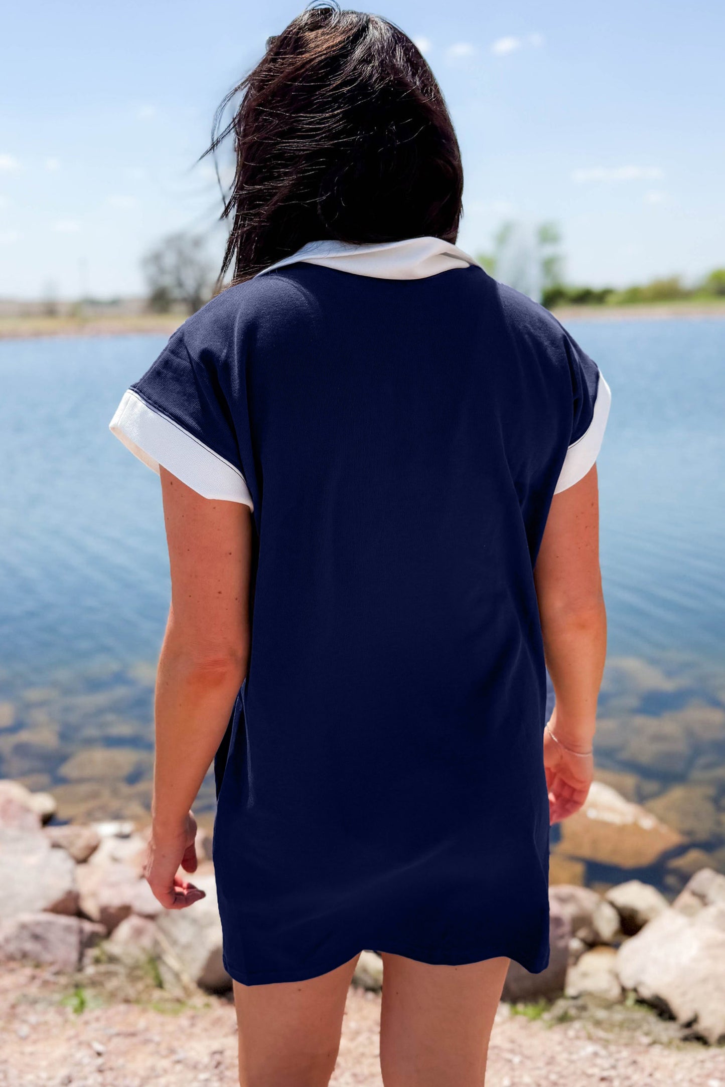 Navy Blue Americana Colorblock Stripes Zip up Collared T Shirt Mini Dress - Cowaa