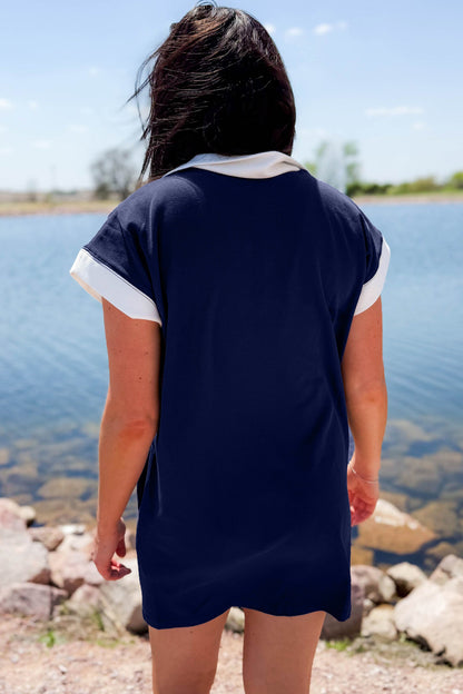 Navy Blue Americana Colorblock Stripes Zip up Collared T Shirt Mini Dress - Cowaa