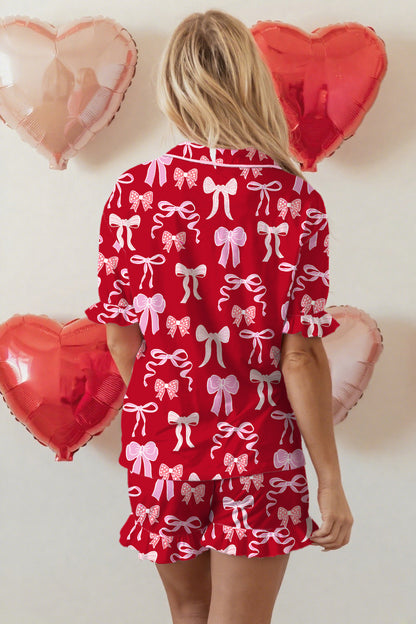 Red Sweet Bow Print Ruffled Short Sleeve Shirt Shorts 2pcs Pajama Set - Cowaa