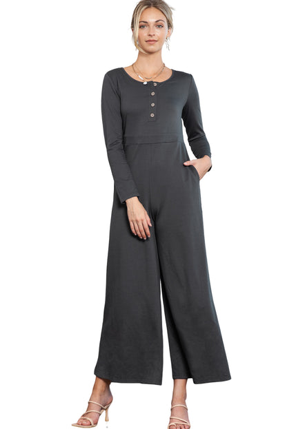 Dark Grey Henley Long Sleeve Wide Leg Jumpsuit with Pockets - Cowaa
