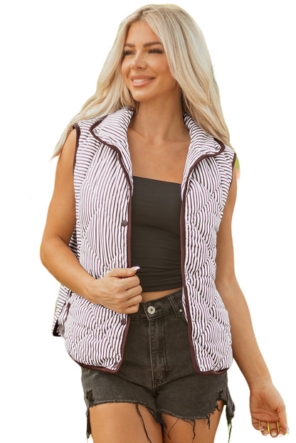 Brown Stripe Snap Button Scalloped Hem Collared Winter Vest