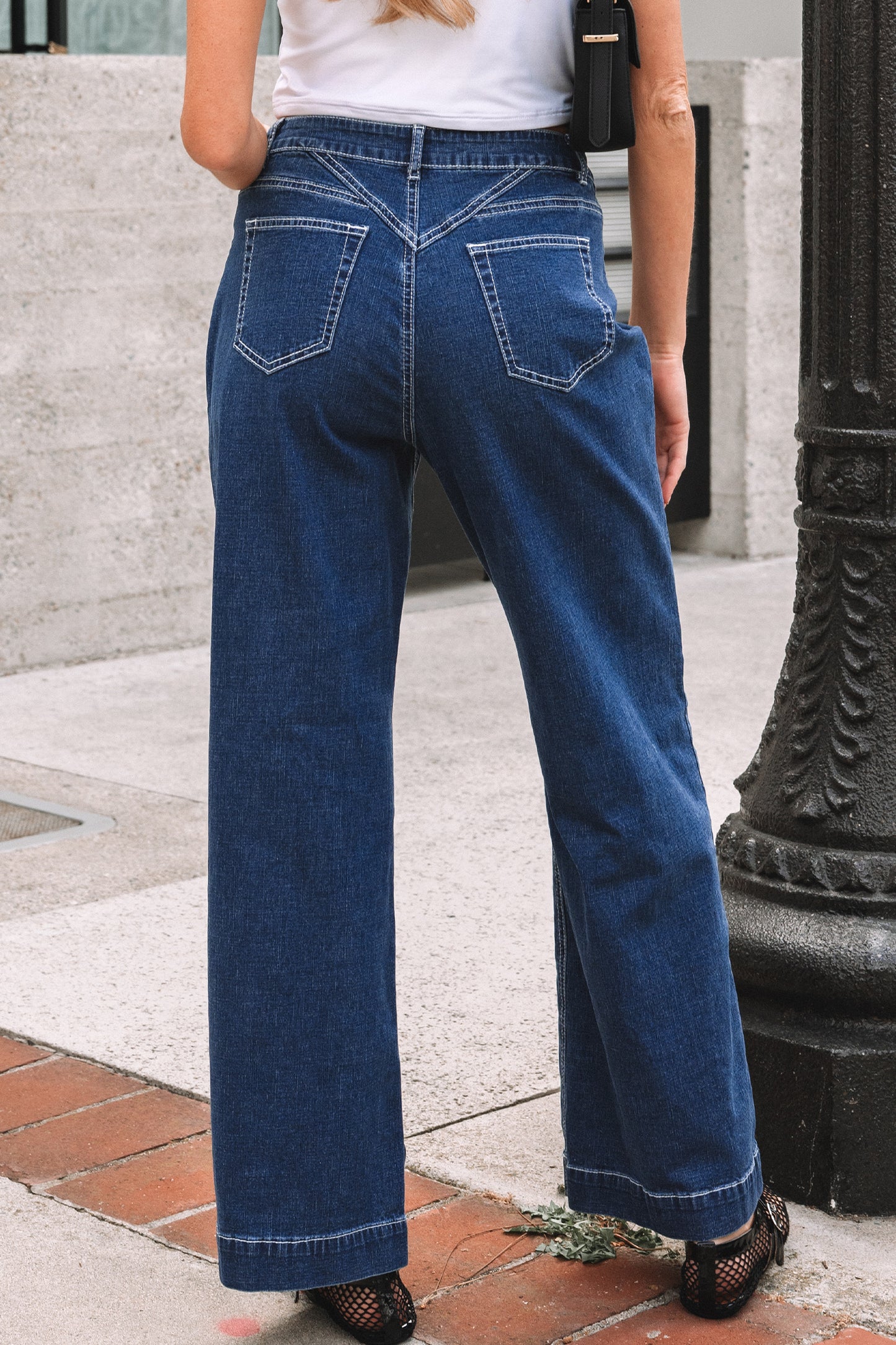 Sail Blue Stitched Waist Detail Loose Cuffed Jeans - Cowaa