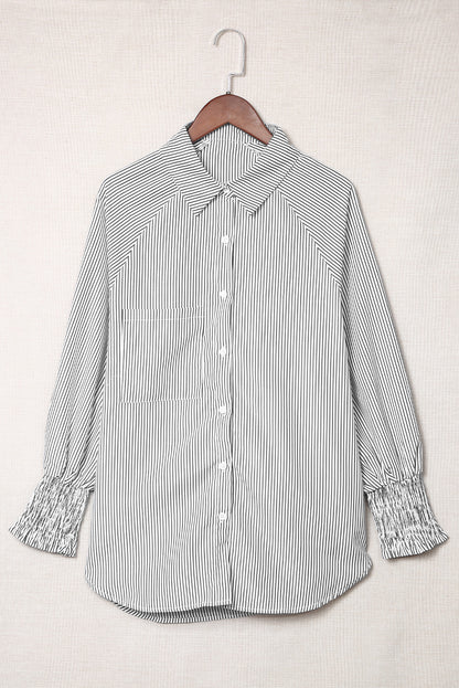 Black Striped Casual Shirred Cuffs Shirt - Cowaa