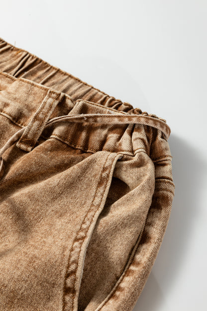 Smoke Gray Acid Wash Barrel Fit Denim Pants with Waist String - Cowaa