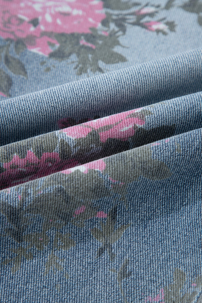 Beau Blue Floral Print Elastic Waist Pull On Casual Jeans - Cowaa