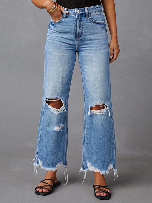 Distressed Raw Hem Jeans with Pockets - Cowaa