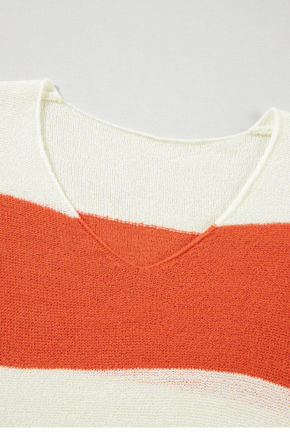 Red Stripe Colorblock V Neck Side Slits Sweater - Cowaa