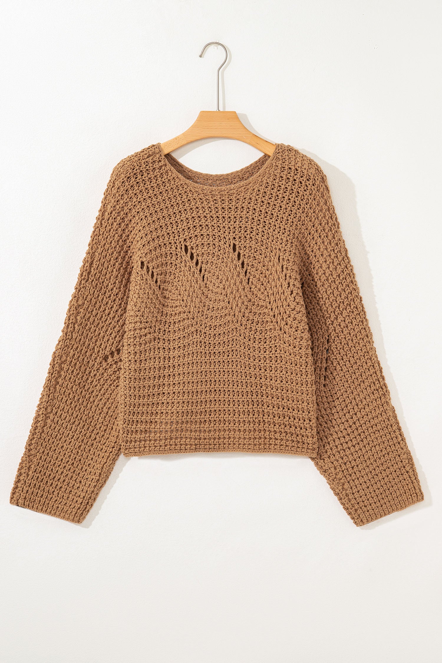 Camel Hollowed Detail Wide Sleeve Loose Pullover Sweater - Cowaa