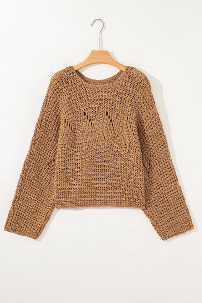 Camel Hollowed Detail Wide Sleeve Loose Pullover Sweater - Cowaa