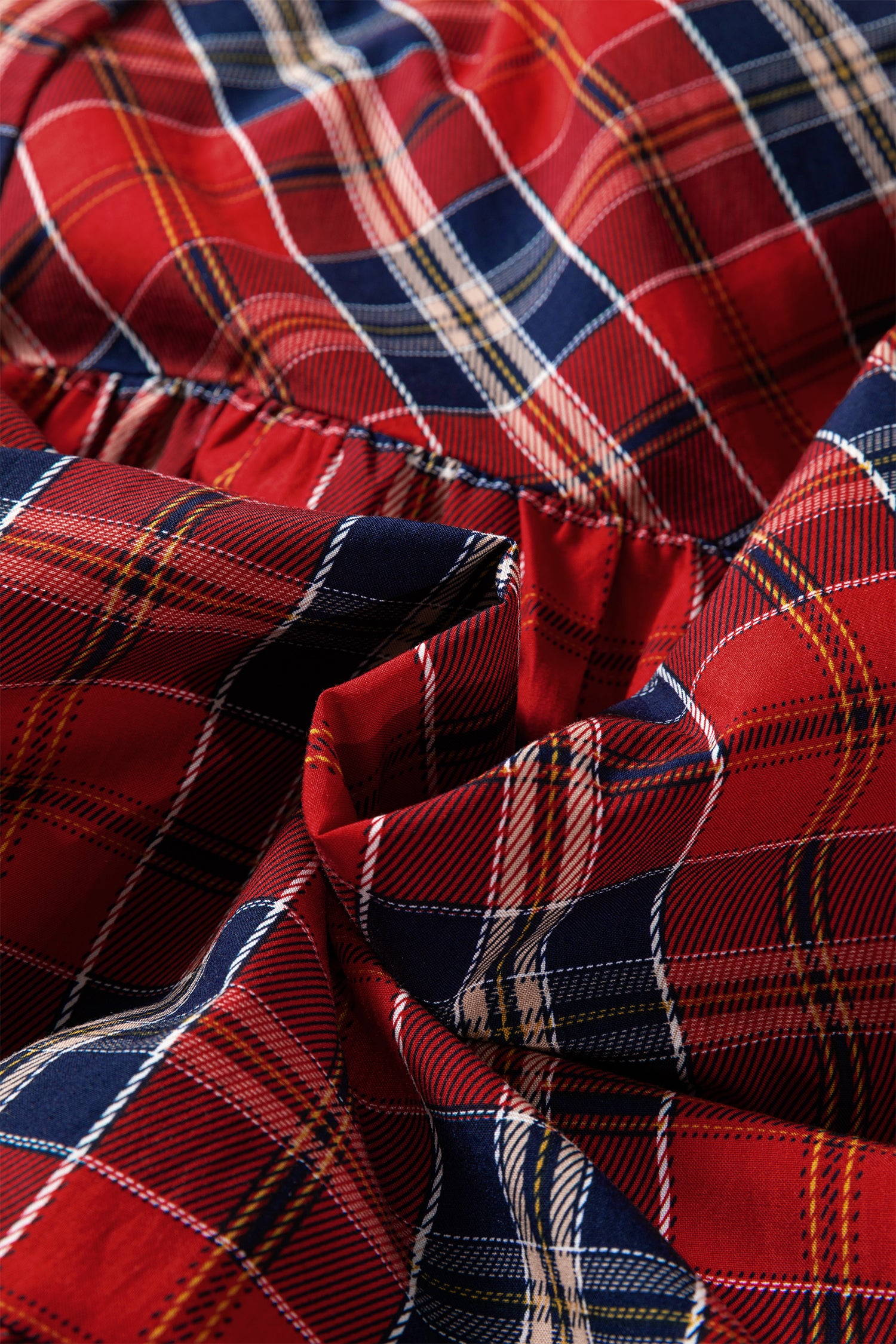 Red Plaid Print Frilly Collar Long Sleeve Shift Mini Dress - Cowaa