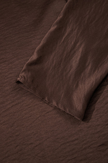 Dark Brown Braided V Neck Long Sleeve Loose Top and Drawstring High Waist Pants 2pcs Outfit - Cowaa