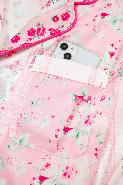 Pink Mixed Floral Print Contrast Piping Trim Satin Tie Pajama Set