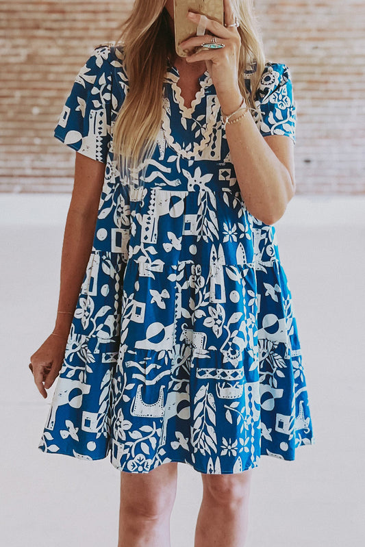 Blue Split V Neck Babydoll Flared Mini Dress - Cowaa