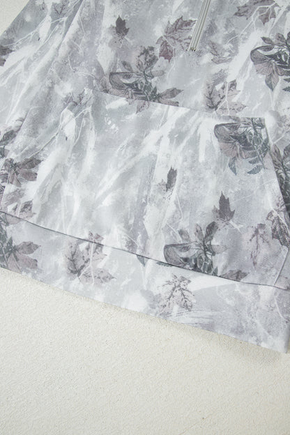 Gray Camo Leaf Print Kangaroo Pocket Quarter Zip Hoodie