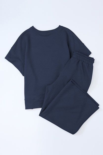 Navy Blue Textured Loose Fit T Shirt and Drawstring Pants Set - Cowaa