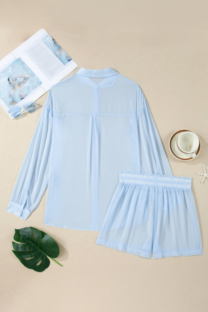Beau Blue Sheer Tunic Shirt Drawstring Shorts 2pcs Swim Cover Up - Cowaa