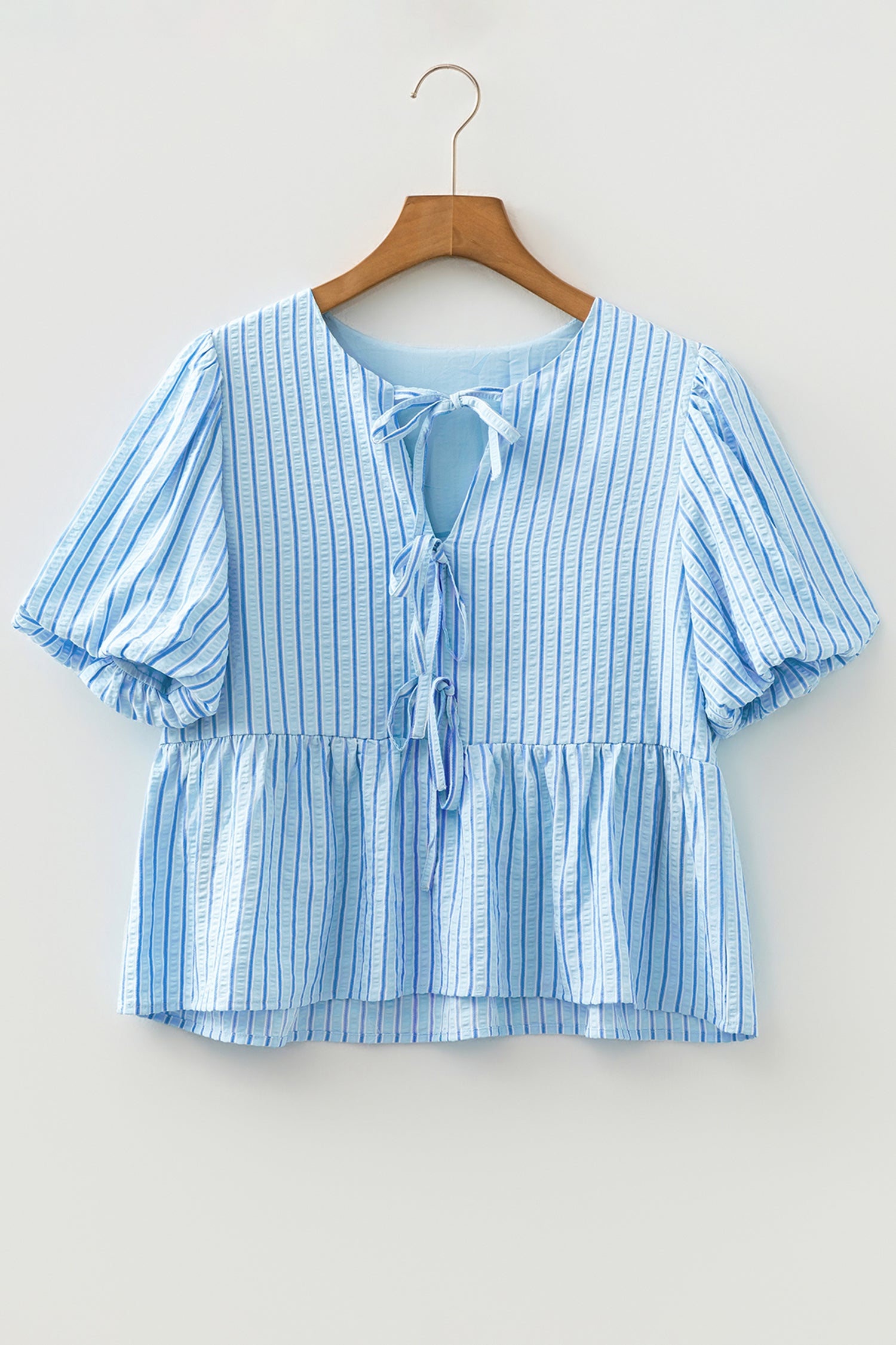 Sky Blue Stripe Bow Knot Textured Short Puff Sleeve Babydoll Blouse - Cowaa
