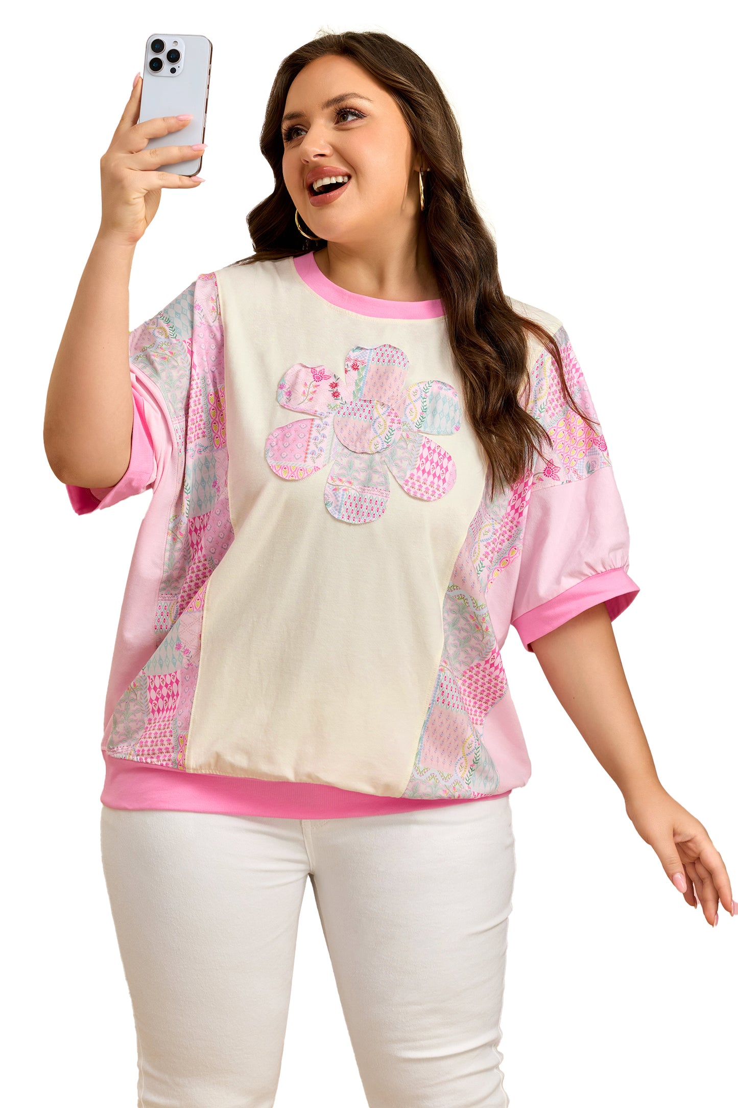 Beige Plus Size Floral Patchwork Short Sleeve Patch Embroidery Cotton T Shirt