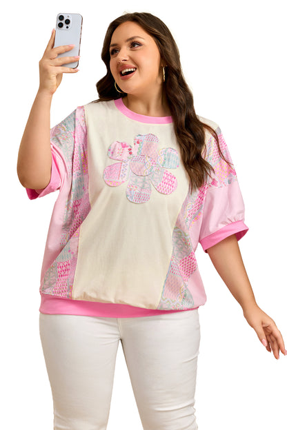 Beige Plus Size Floral Patchwork Short Sleeve Patch Embroidery Cotton T Shirt