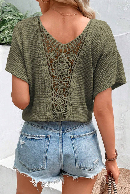 Oatmeal Guipure Lace Splicing Back Waffle Textured T-shirt - Cowaa