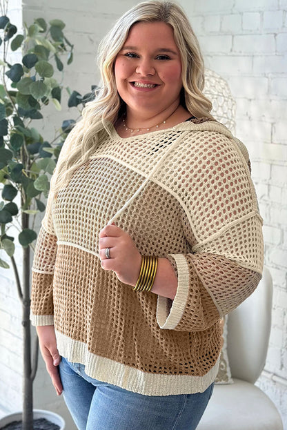 Parchment Colorblock Hollowed Knit Plus Size Hooded Jumper Sweater