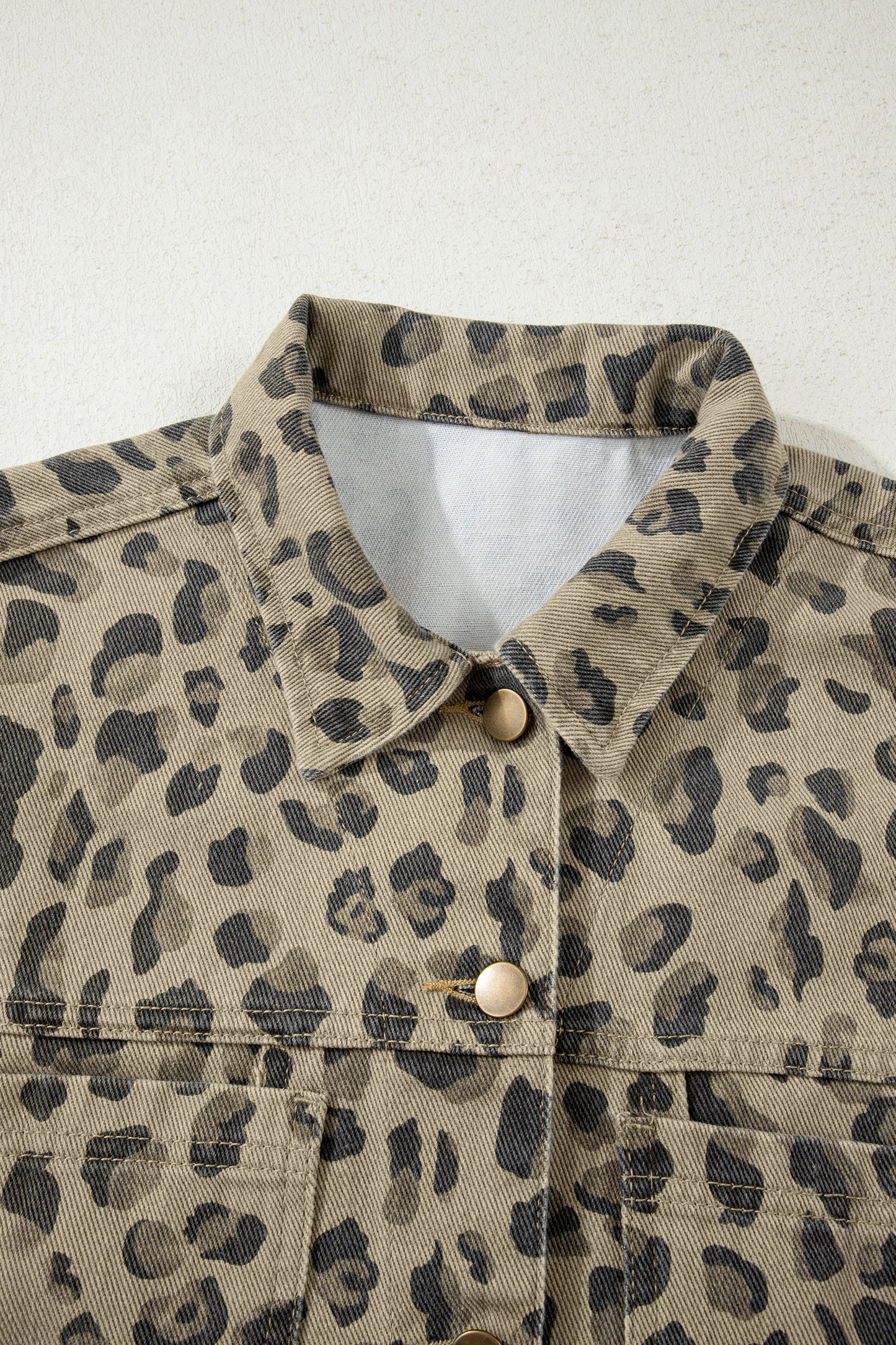Khaki Retro Leopard Print Seam Detail Button Down Denim Jacket - Cowaa
