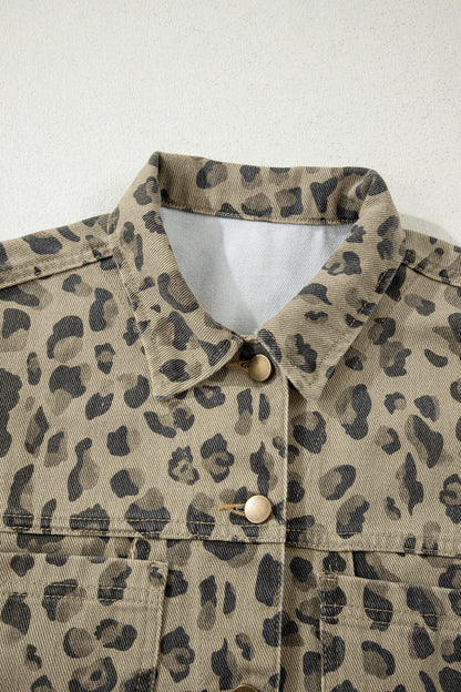 Khaki Retro Leopard Print Seam Detail Button Down Denim Jacket - Cowaa