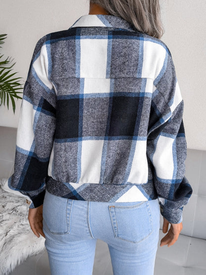 Plaid Collared Neck Long Sleeve Jacket - Cowaa